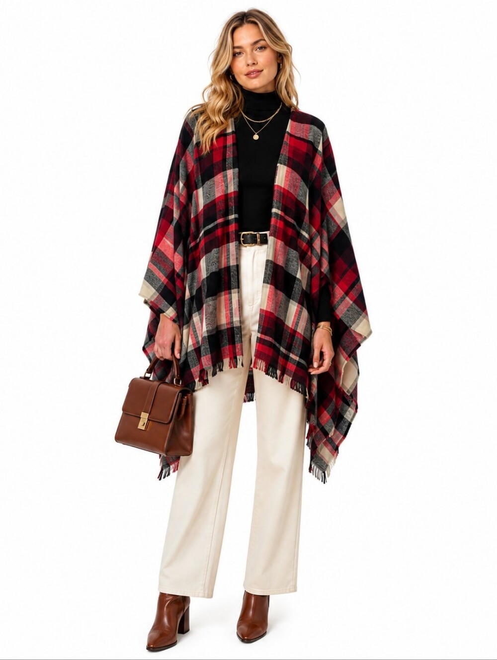 Soft Surroundings Plaid Poncho Wrap Shawl Cape OS Red Black Fringe Boho Cottage